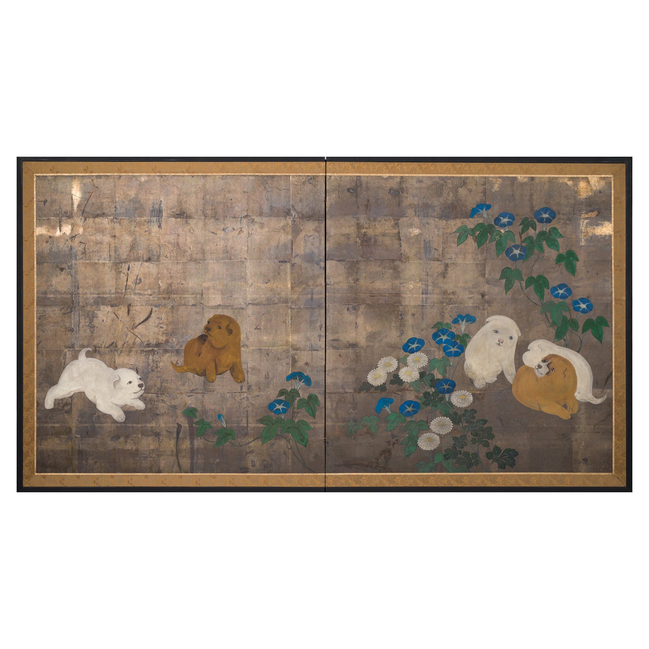 Japanese Two Panel Screen Akita Puppies and Morning Glories