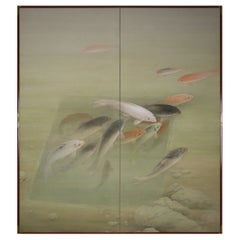 Japanese Two Panel Screen Swimming Koi