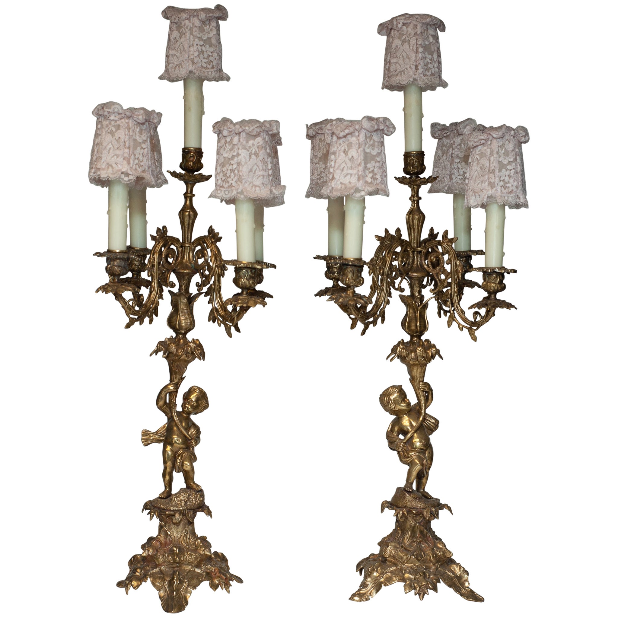 Antique Pair of French Bronze Lamps with Handmade Pink Lace Shades For Sale