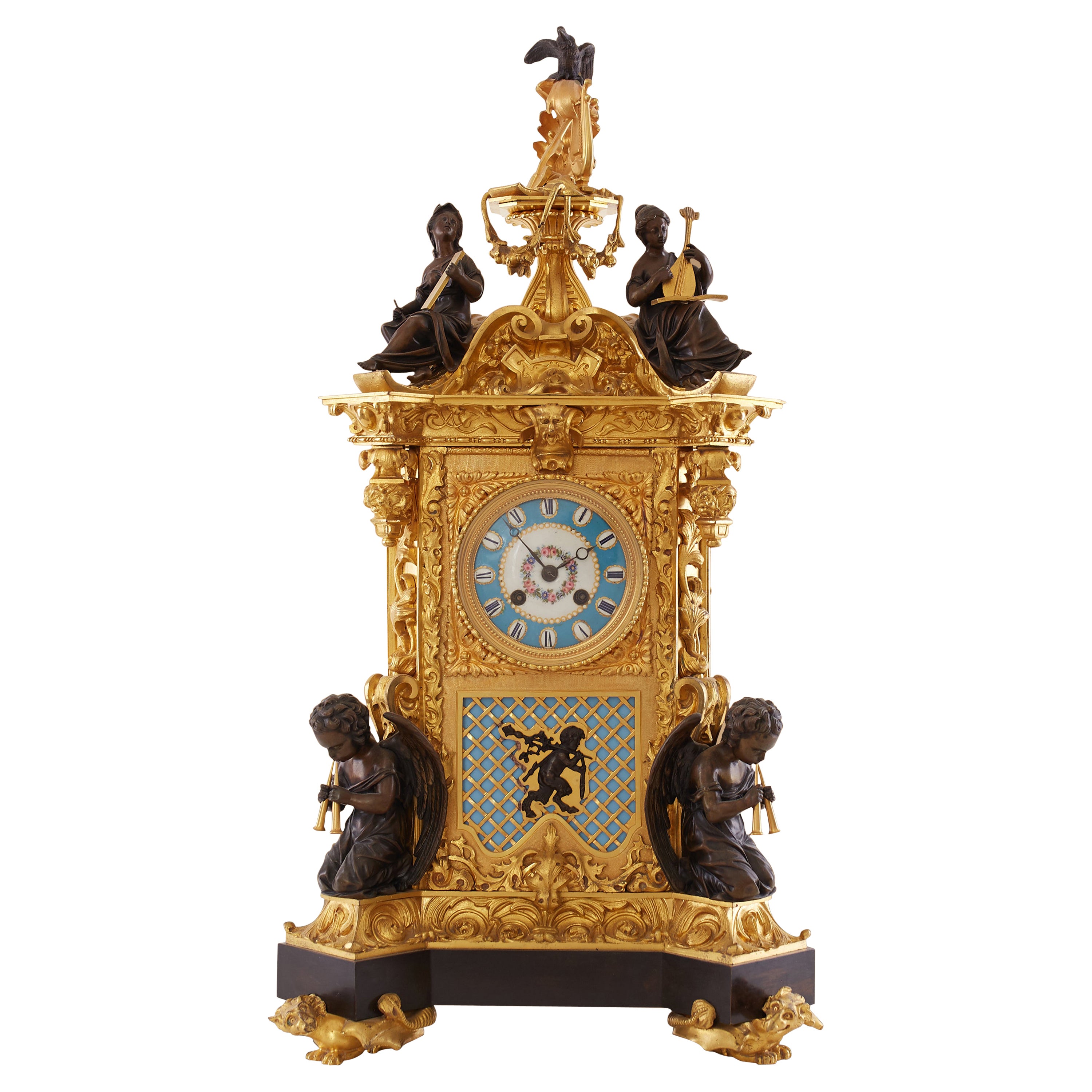 Antique Gilt Bronze and Champlevé Enamel Clock Set