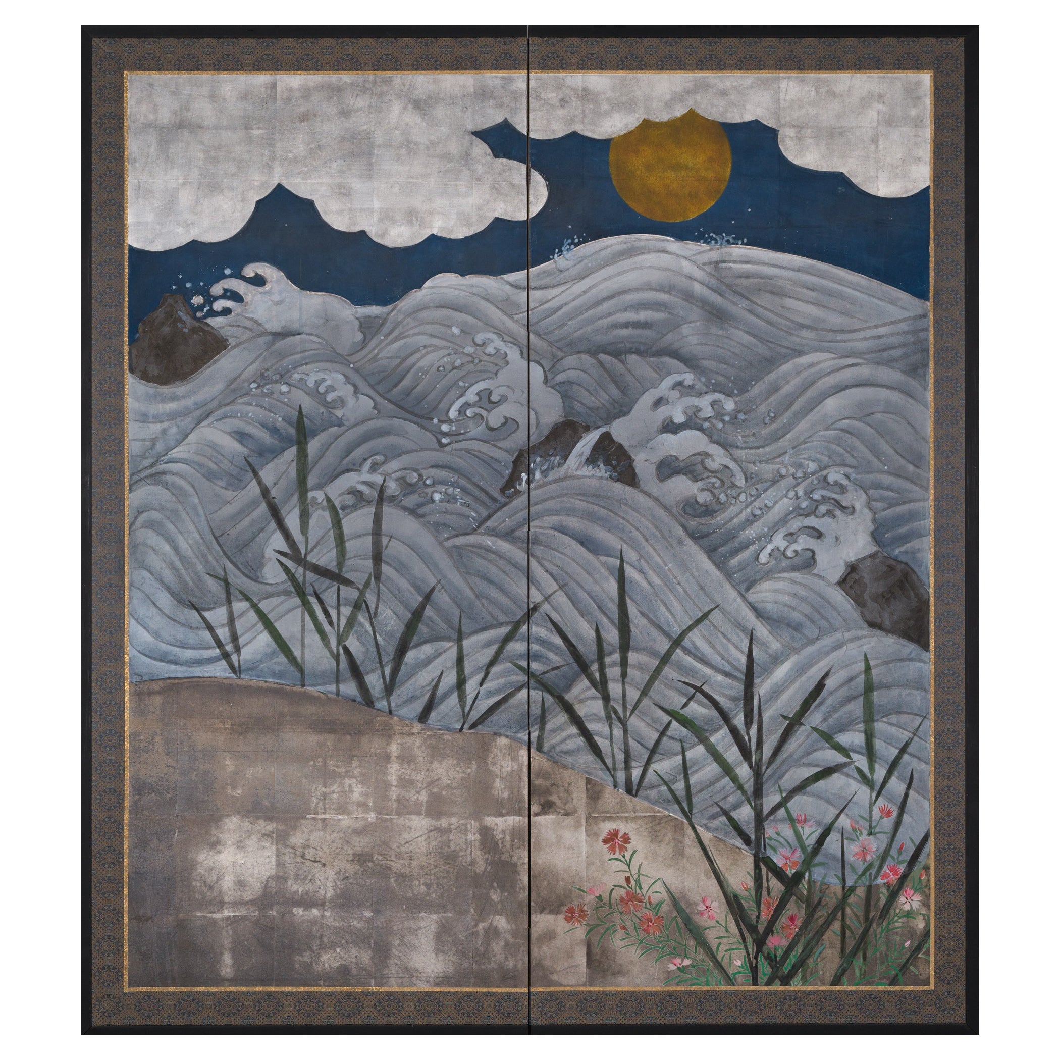 Japanese Two Panel Screen Rising Sun over Ocean Landscape