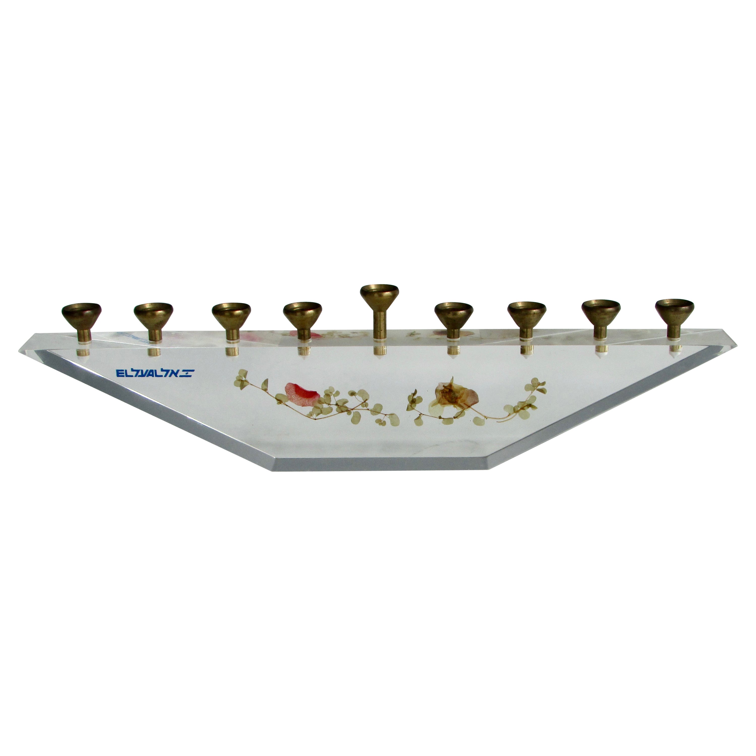 Nine Candle Modernist Menorah Set in Lucite Stand with Dried Floral Decoration