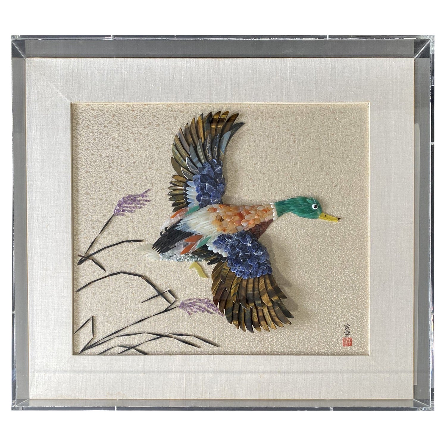 Asian Bird in Flight with Semi Precious Stones Wall Sculpture For Sale