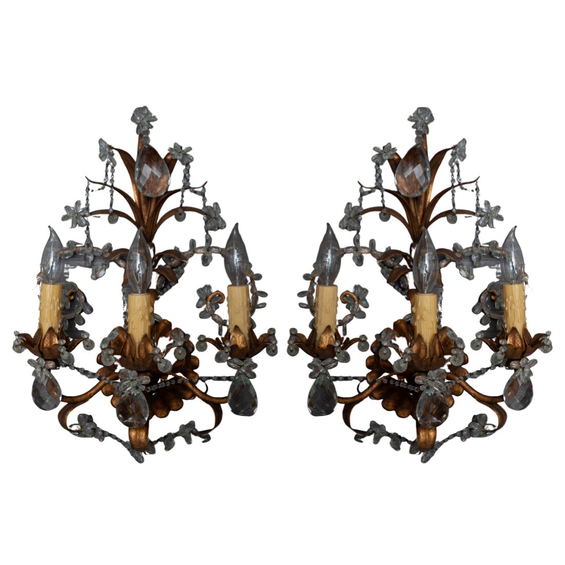 Antique Pair of French Brass and Crystal Sconces