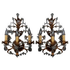 Antique Pair of French Brass and Crystal Sconces