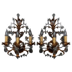 Antique Pair of French Brass and Crystal Sconces