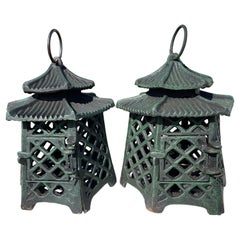 Japanese Old Vintage Pair Double Pagoda Garden Lighting Lanterns