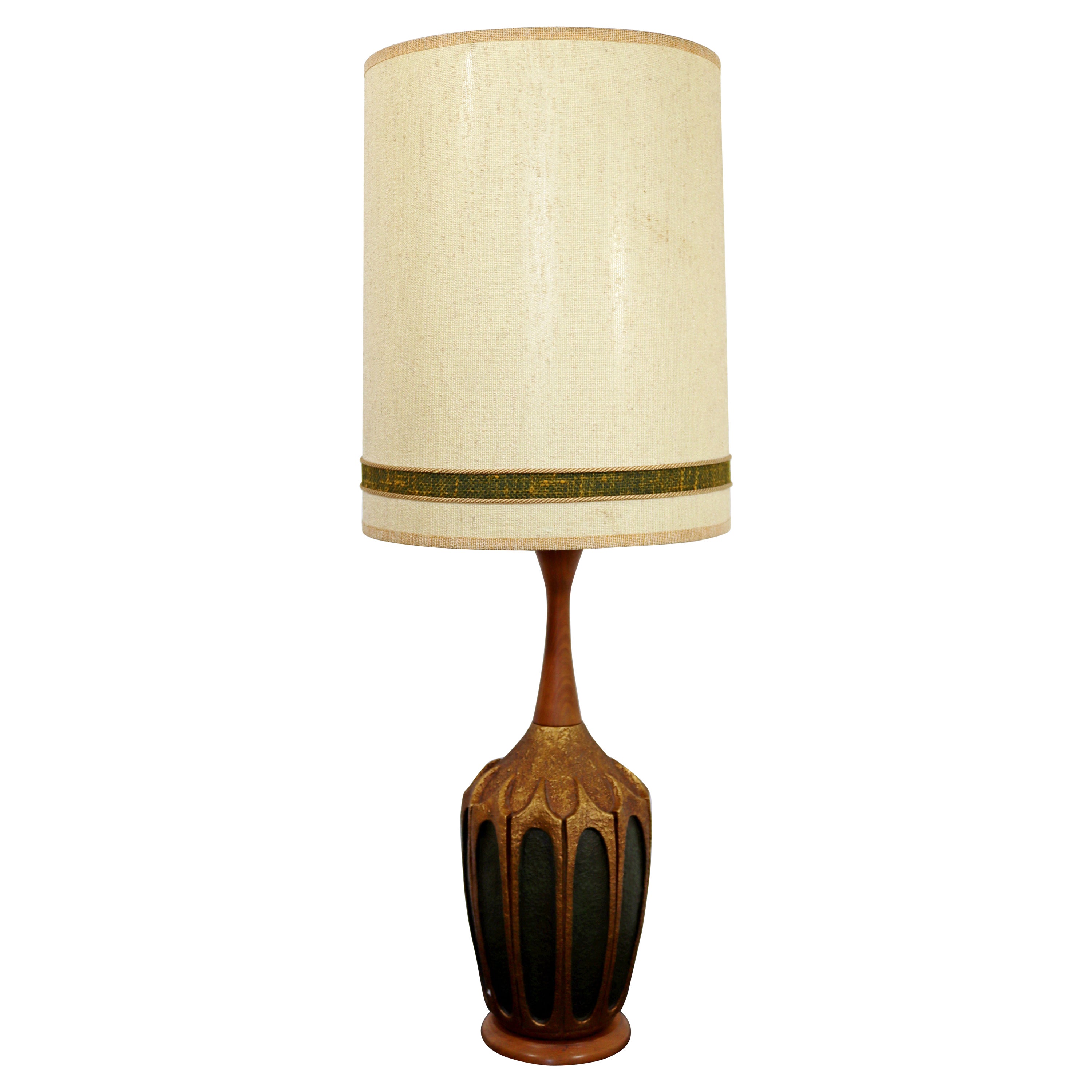 Mid-Century Modern Wood & Green Ceramic Table Lamp Orig Shade Finial, 1960s