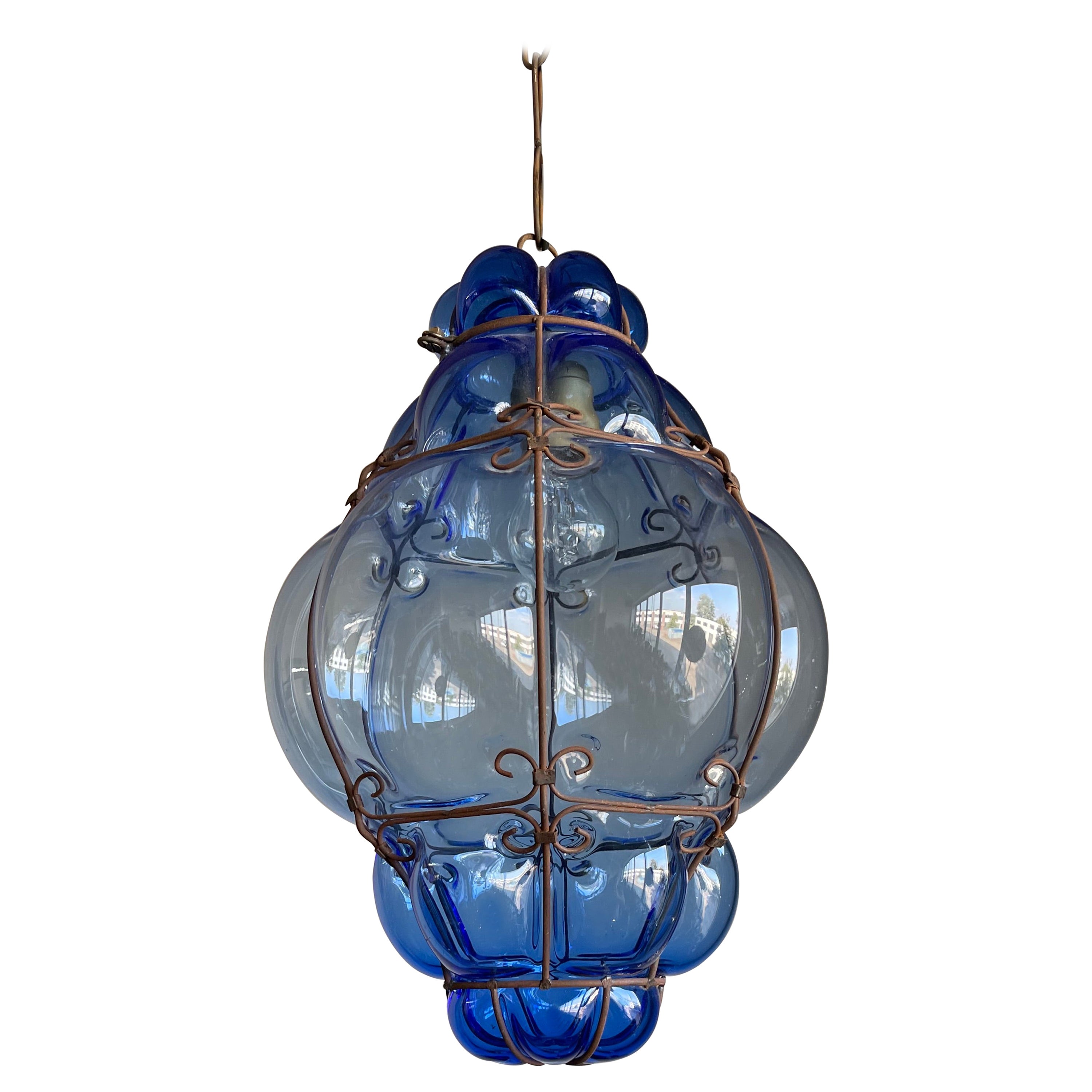 Fine Venetian Murano Pendant Light Mouth Blown Blue Color Smoked Glass in Frame For Sale
