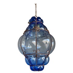 Fine Venetian Murano Pendant Light with Mouth Blown Blue Colored Glass in Frame