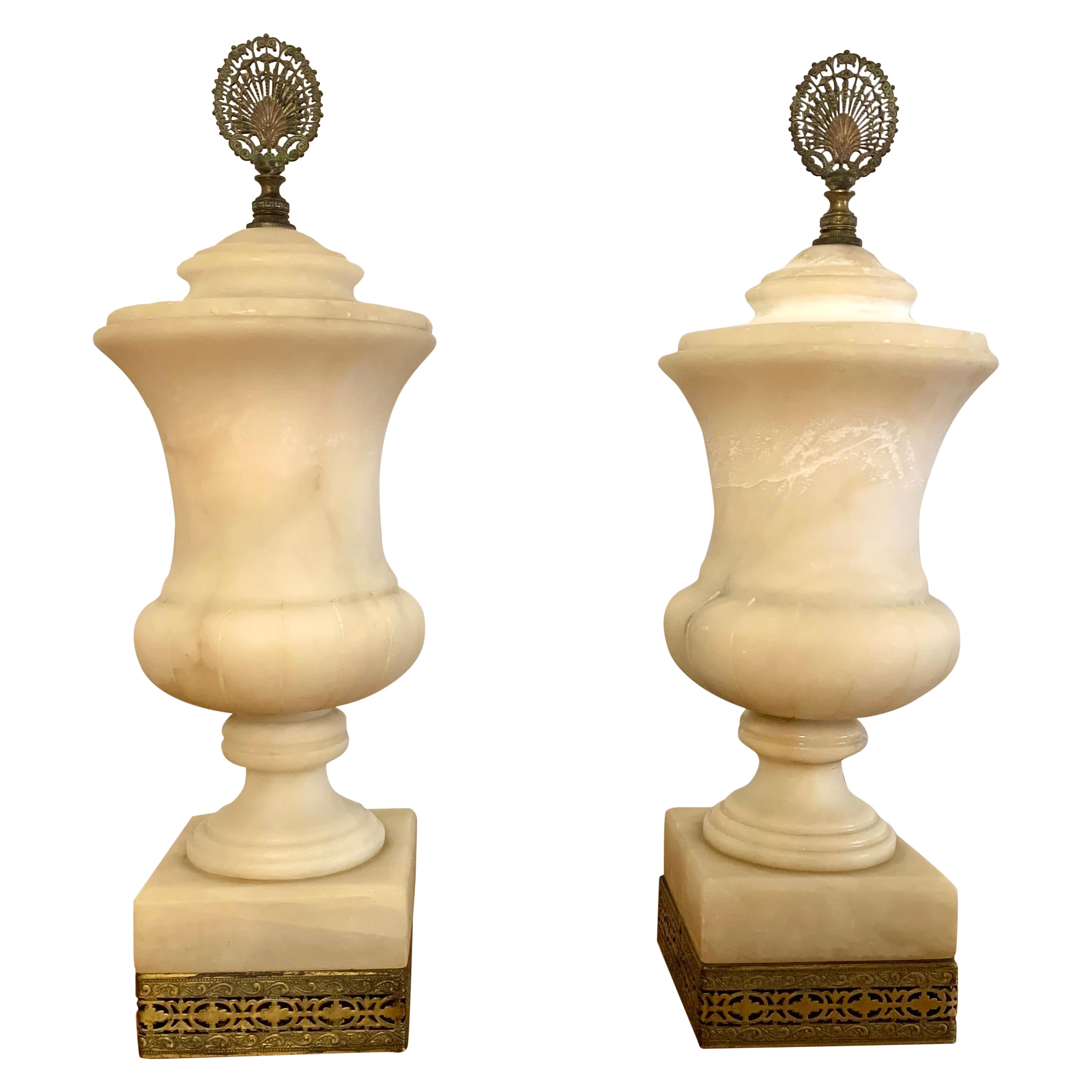 Vintage Mediterranean Alabaster and Brass Urn Lamps with Final, a Pair