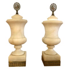 Vintage Mediterranean Alabaster and Brass Urn Lamps with Final, a Pair