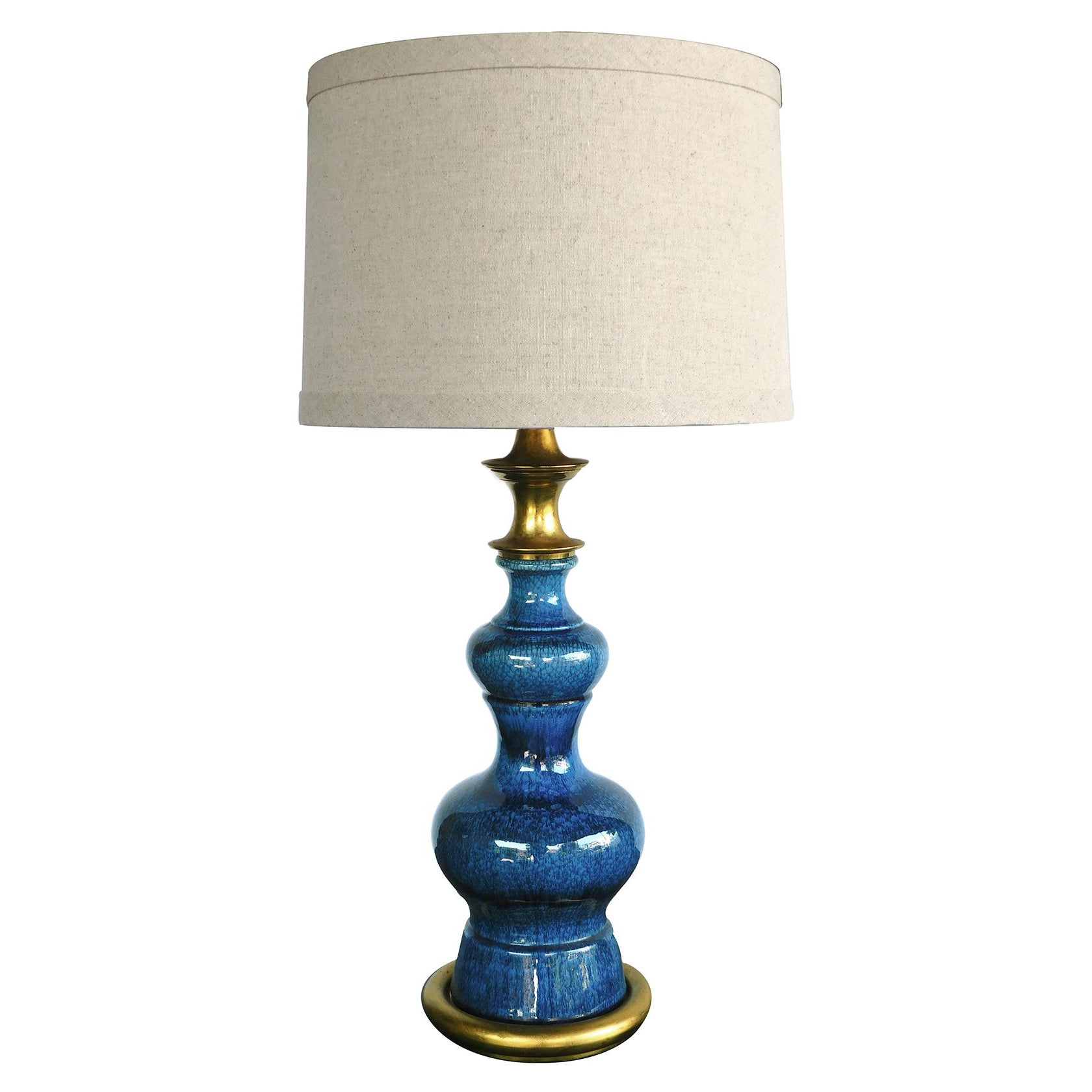 Vintage 1960's Double-Baluster Sapphire-Blue Drip Glaze Lamp For Sale
