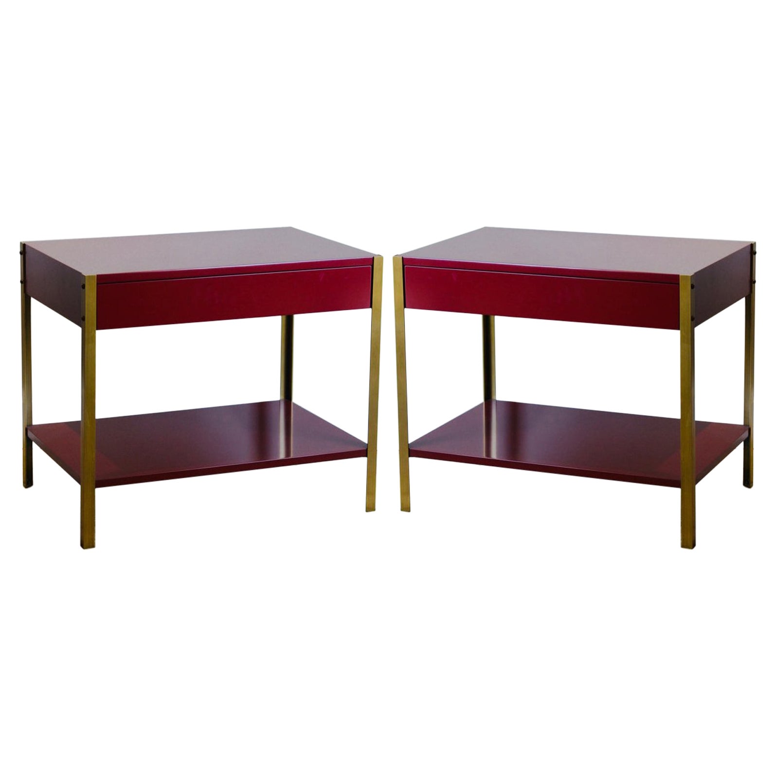 Pair of 'Laque' Oxblood Lacquer and Brass Nightstands by Design Frères For Sale