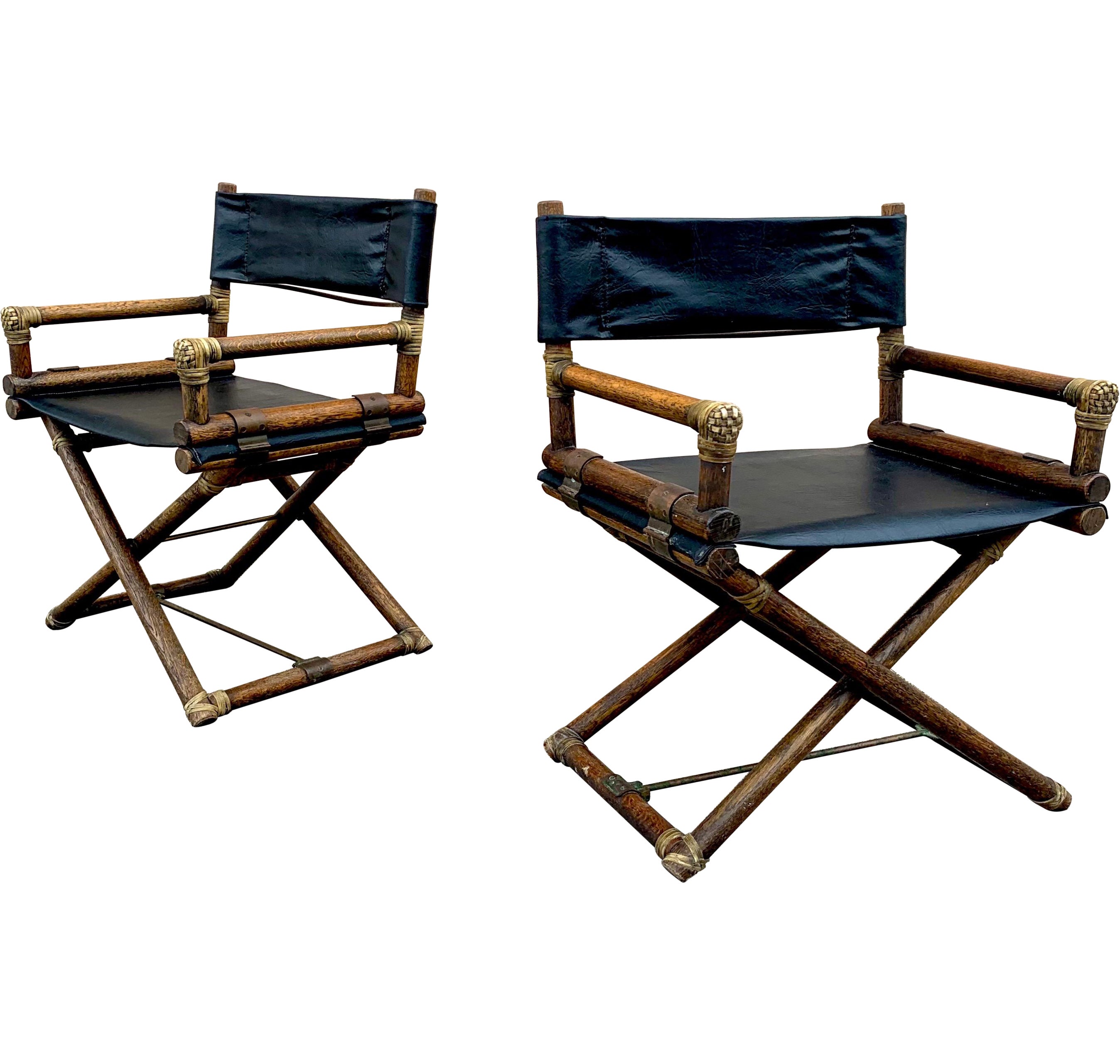 1970s McGuire Director Chairs in Oak and Black Vinyl, a Pair