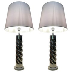 Set of 2 Table Lamp Design Steel Chrome and Marble, France 1970, Mid-Century Vtg