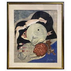 Vintage Junichiro Sekino Signed Japanese Limited Edition Woodblock Print Aquarium