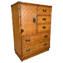 Retro Woven Herringbone Rattan and Brass Faux Bamboo Gentleman's Dresser