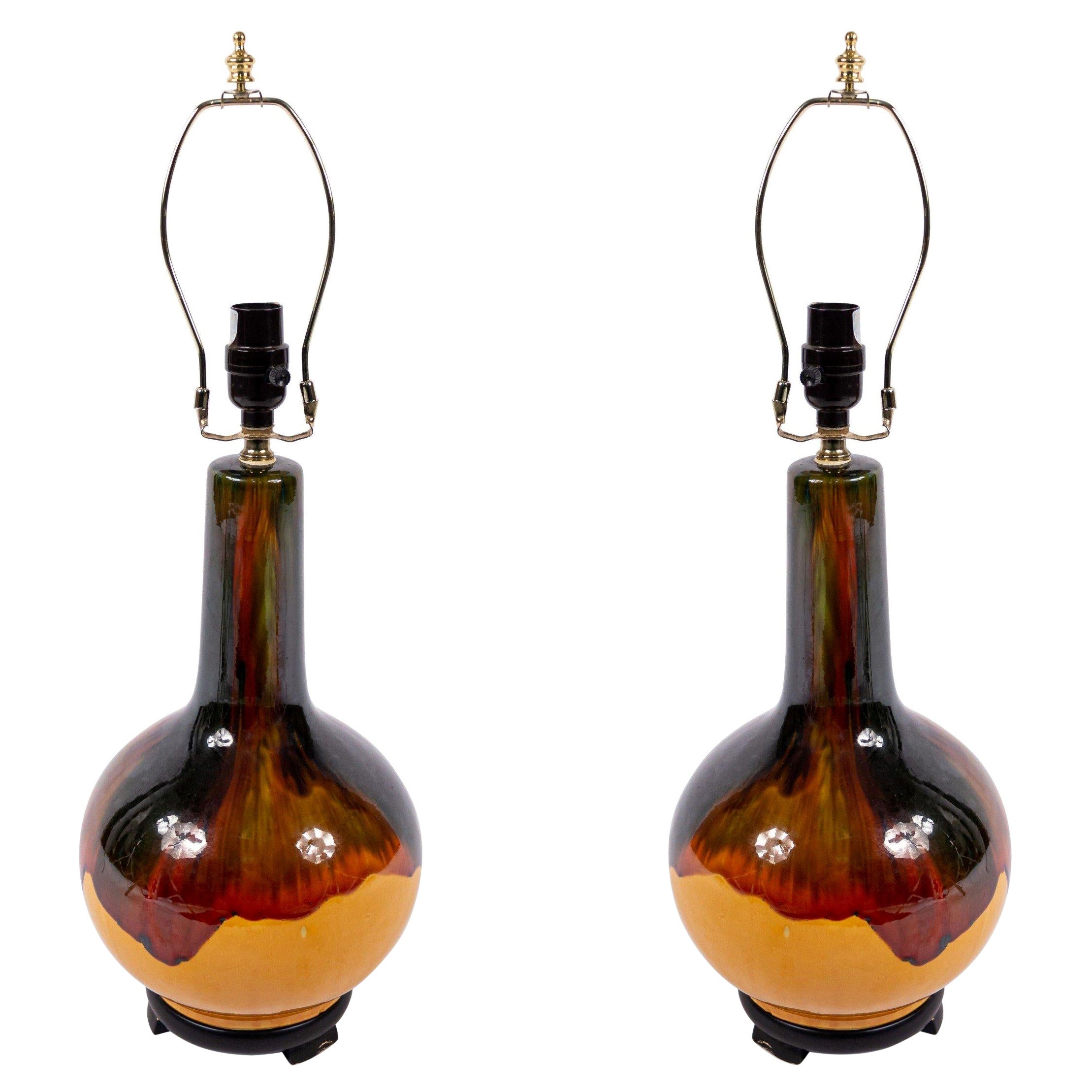 Pair of Unusual Table Lamps with Ceramic Bases in Antiqued Wooden