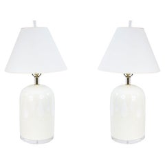 Vintage Pair of Mid-Century White Ceramic Table Lamps with Drip Design