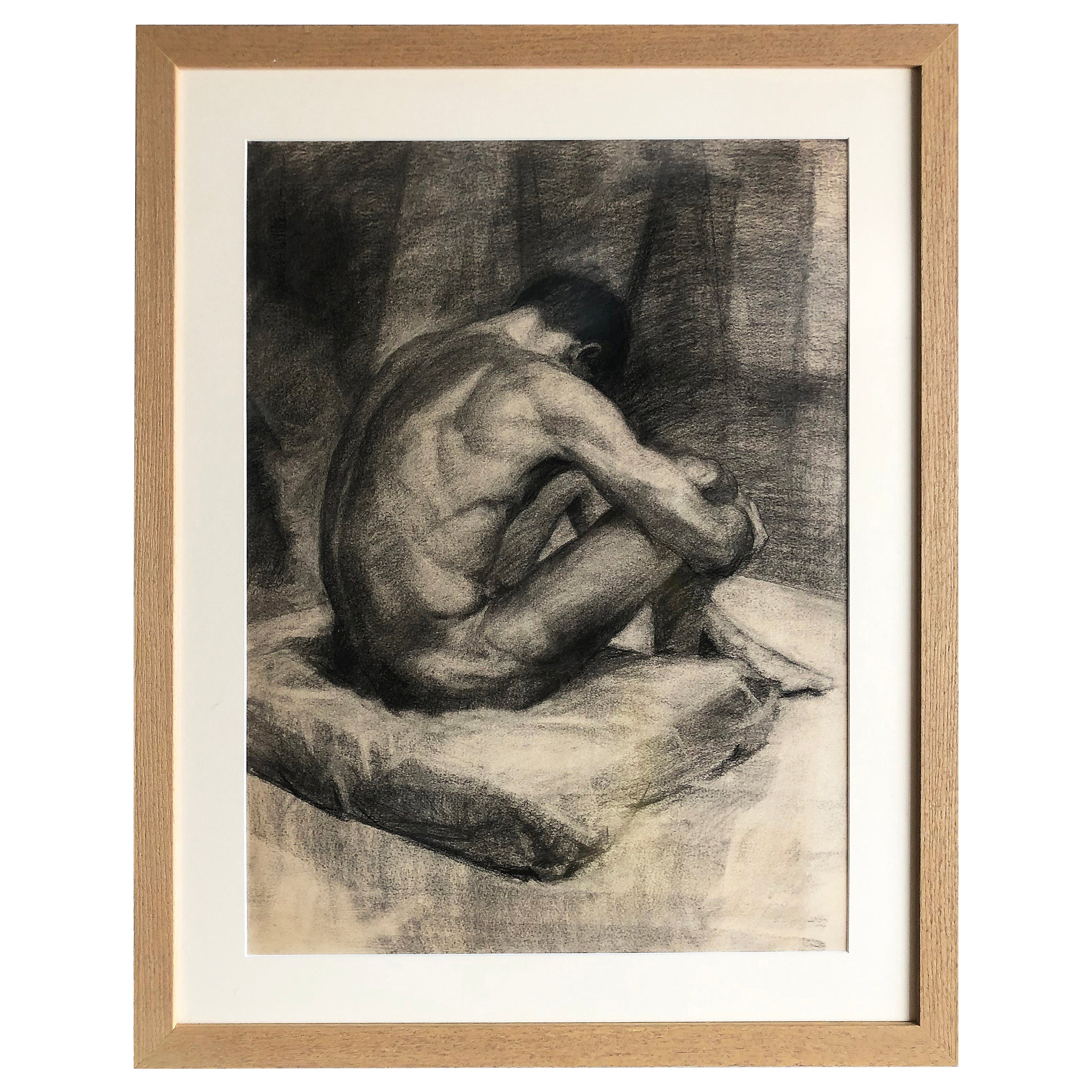 1940s Male Nude Art Study Drawing in Charcoal on Paper