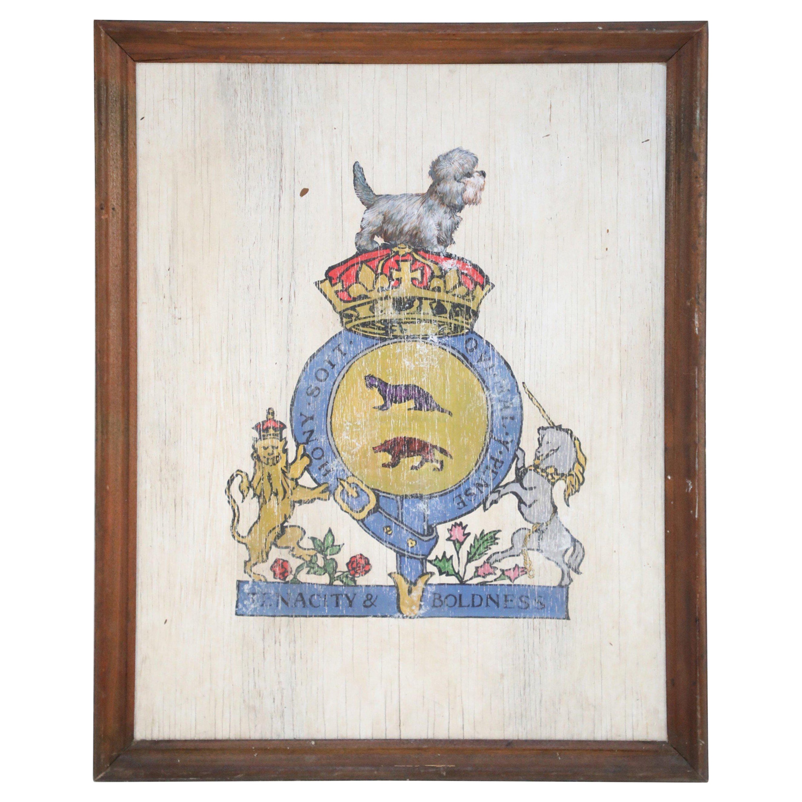 Tenacity & Boldness Painted Coat of Arms on Wood For Sale