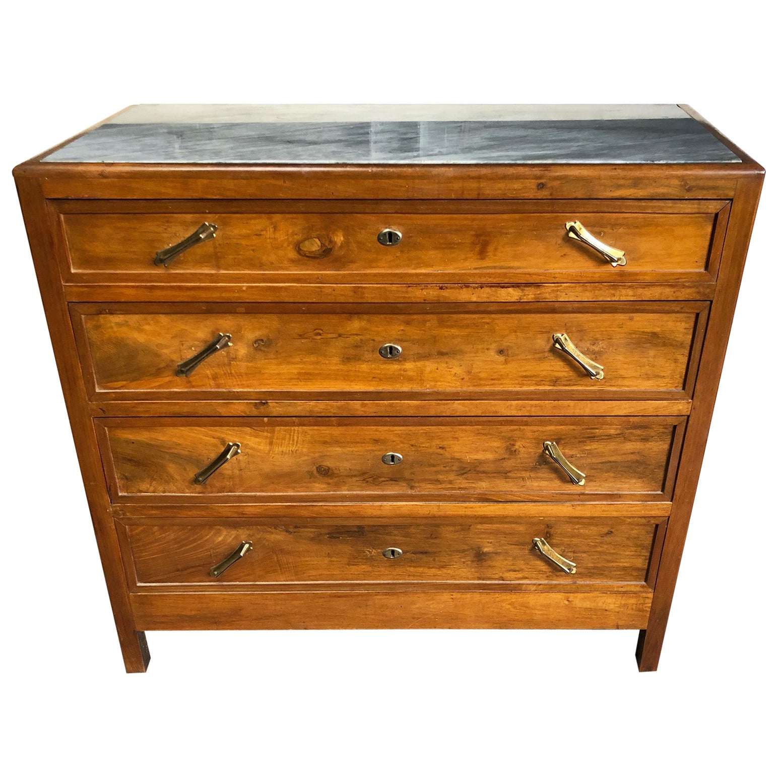Italian Walnut Chest of Drawers, Original from 1950, with Gray Marble, Drawers For Sale
