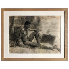 1940s Male Nude Art Study Drawing in Charcoal on Paper