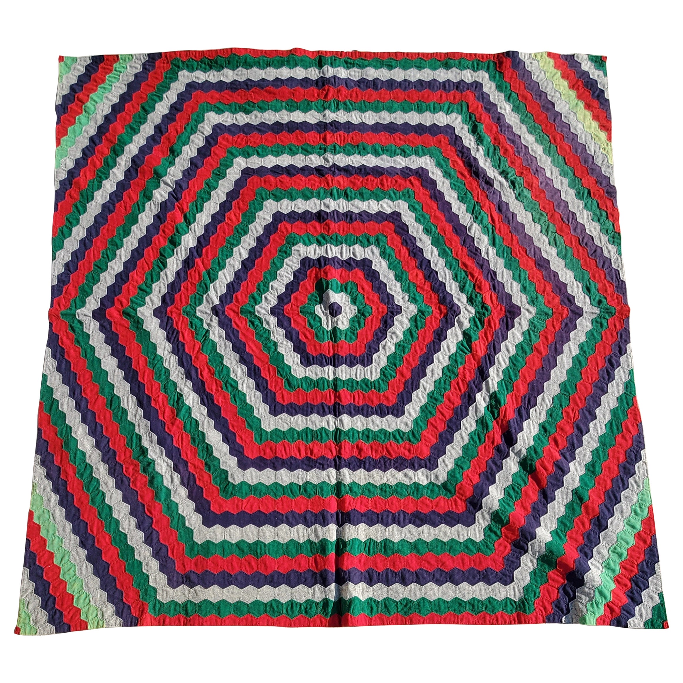 19thc Octagon Wool Quilt Trip Around the World For Sale