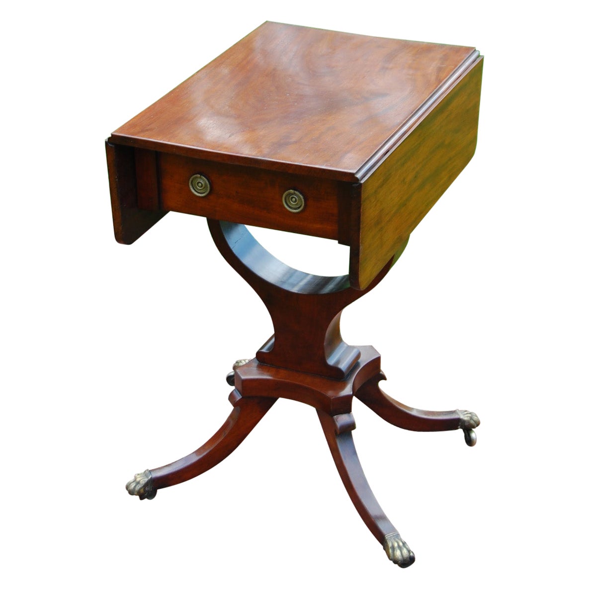 American Federal Period Mahogany Dropleaf Worktable with Downswept Legs Paw Feet For Sale