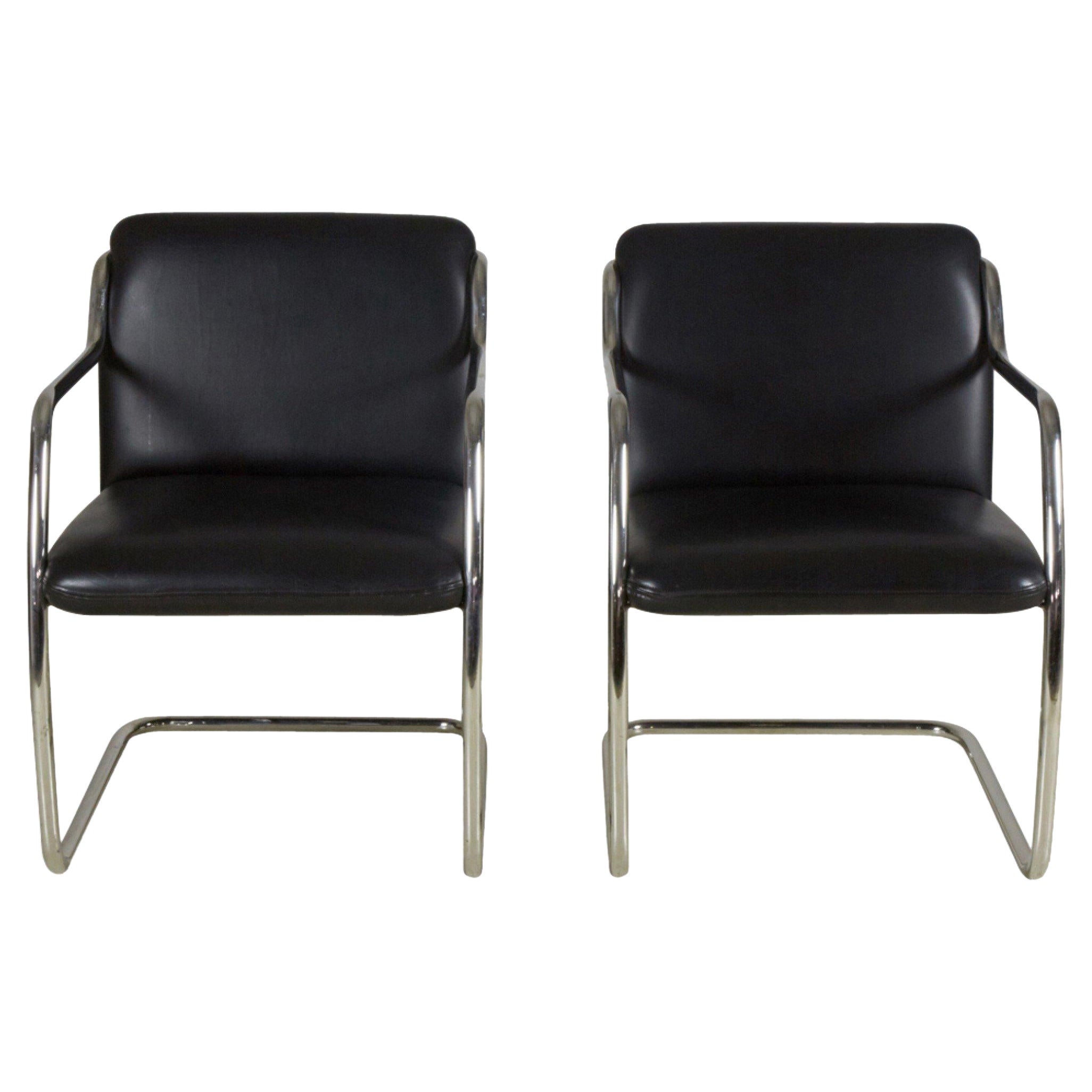 Pair of Brueton Contemporary Black Leather and Steel Tube Frame Armchairs For Sale