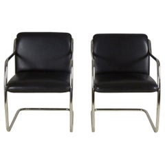 Vintage Pair of Brueton Contemporary Black Leather and Steel Tube Frame Armchairs