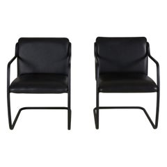 Pair of Brueton Contemporary Black Leather and Black Steel Tube Frame Armchairs