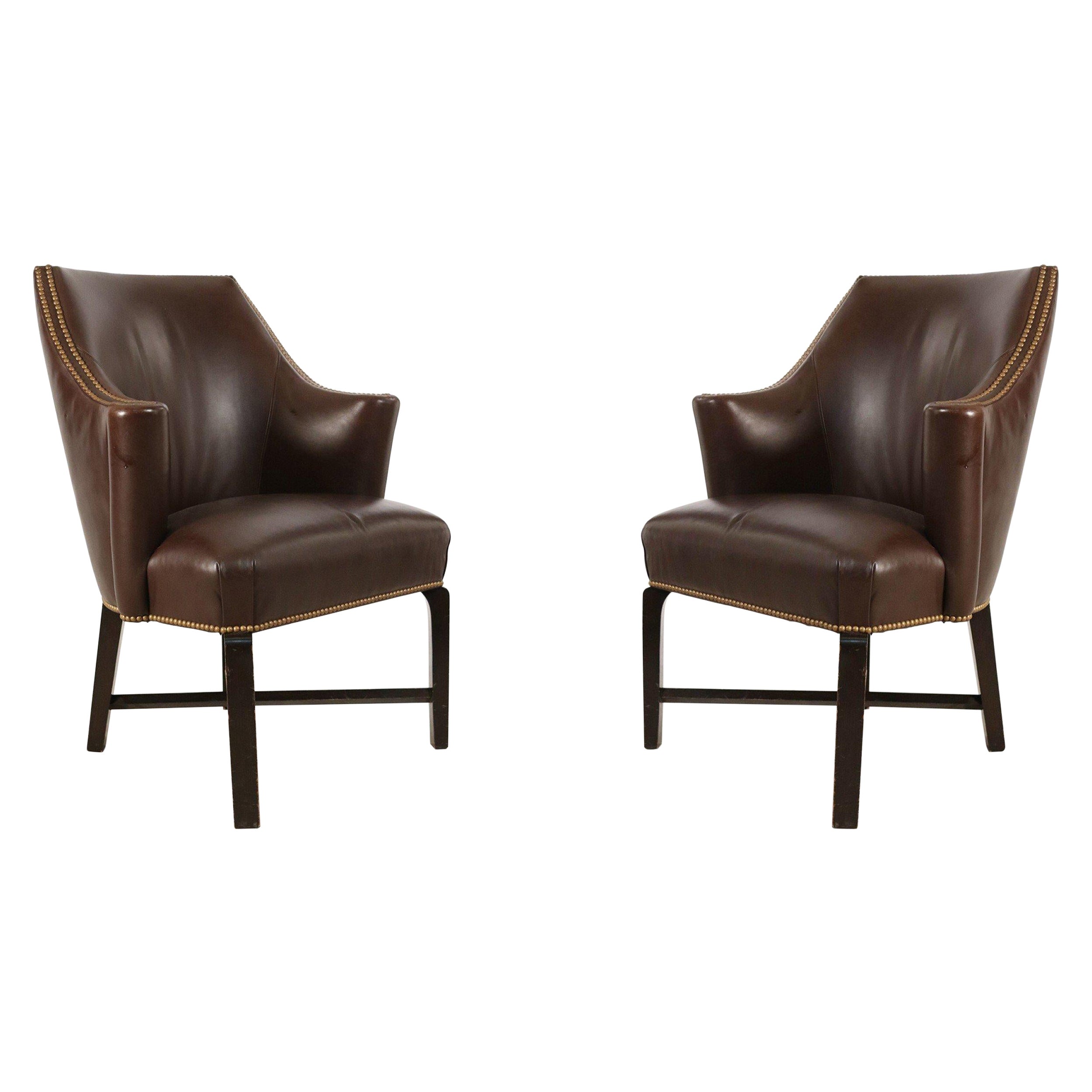 Pair of Contemporary Brown Leather Rounded Back Club / Armchairs For Sale