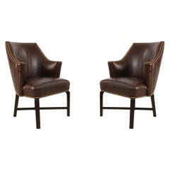 Pair of Contemporary Brown Leather Rounded Back Club / Armchairs