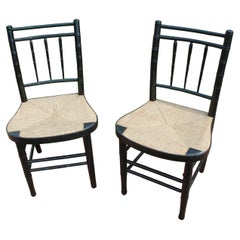 American Sheraton Period Pair of Painted Rush Seated Bamboo Turned Sidechairs