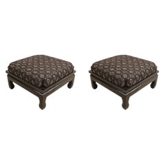 Vintage Contemporary Black Lacquer and Upholstery Square Footstools