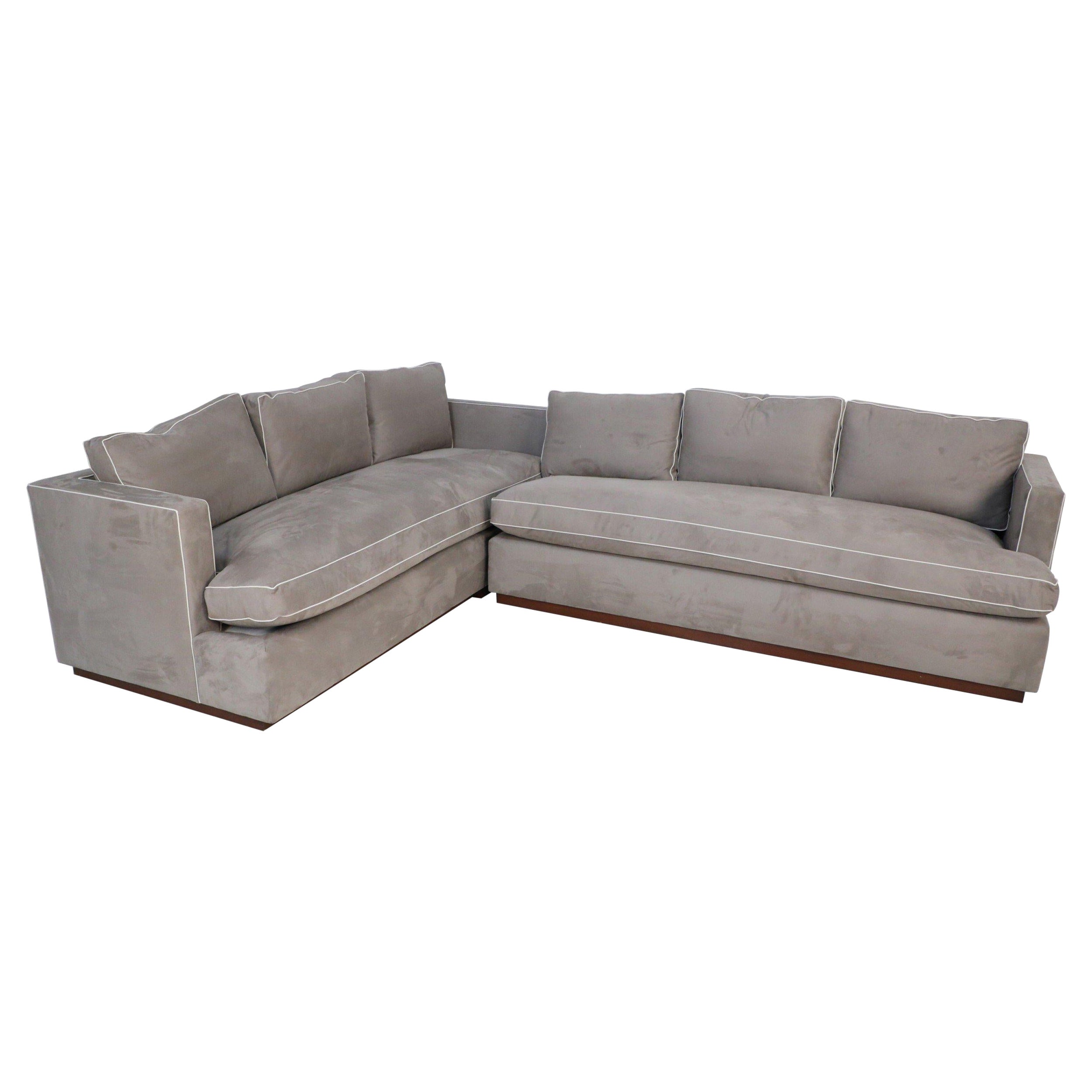 Pair of Contemporary Overstuffed Gray Ultrasuede and Leather Sofas