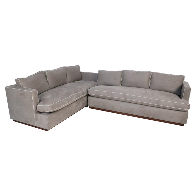 Pair of Contemporary Overstuffed Gray Ultrasuede and Leather Sofas For