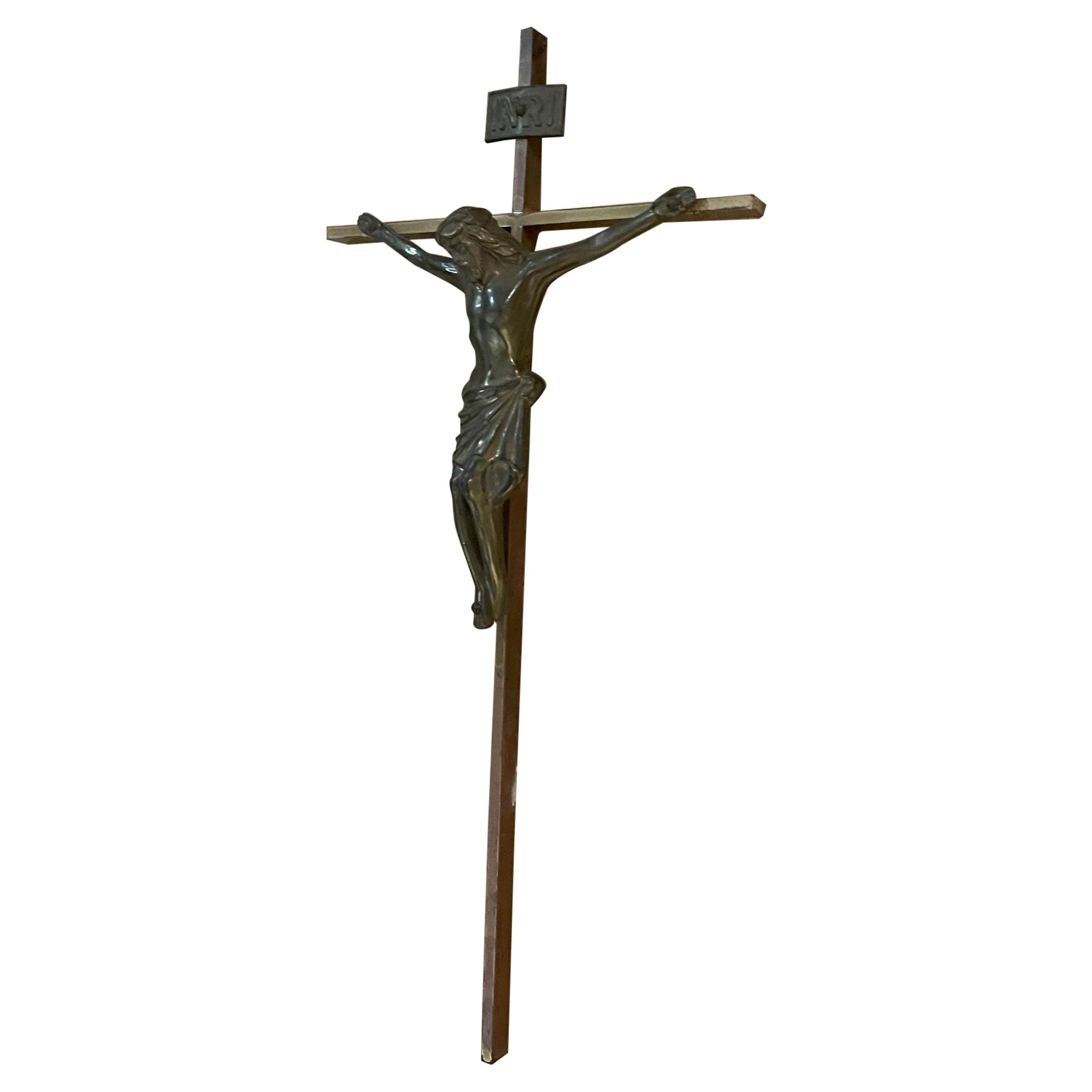 Vintage Wall Crucifix Inri Cross in Patinated Bronze Made Germany