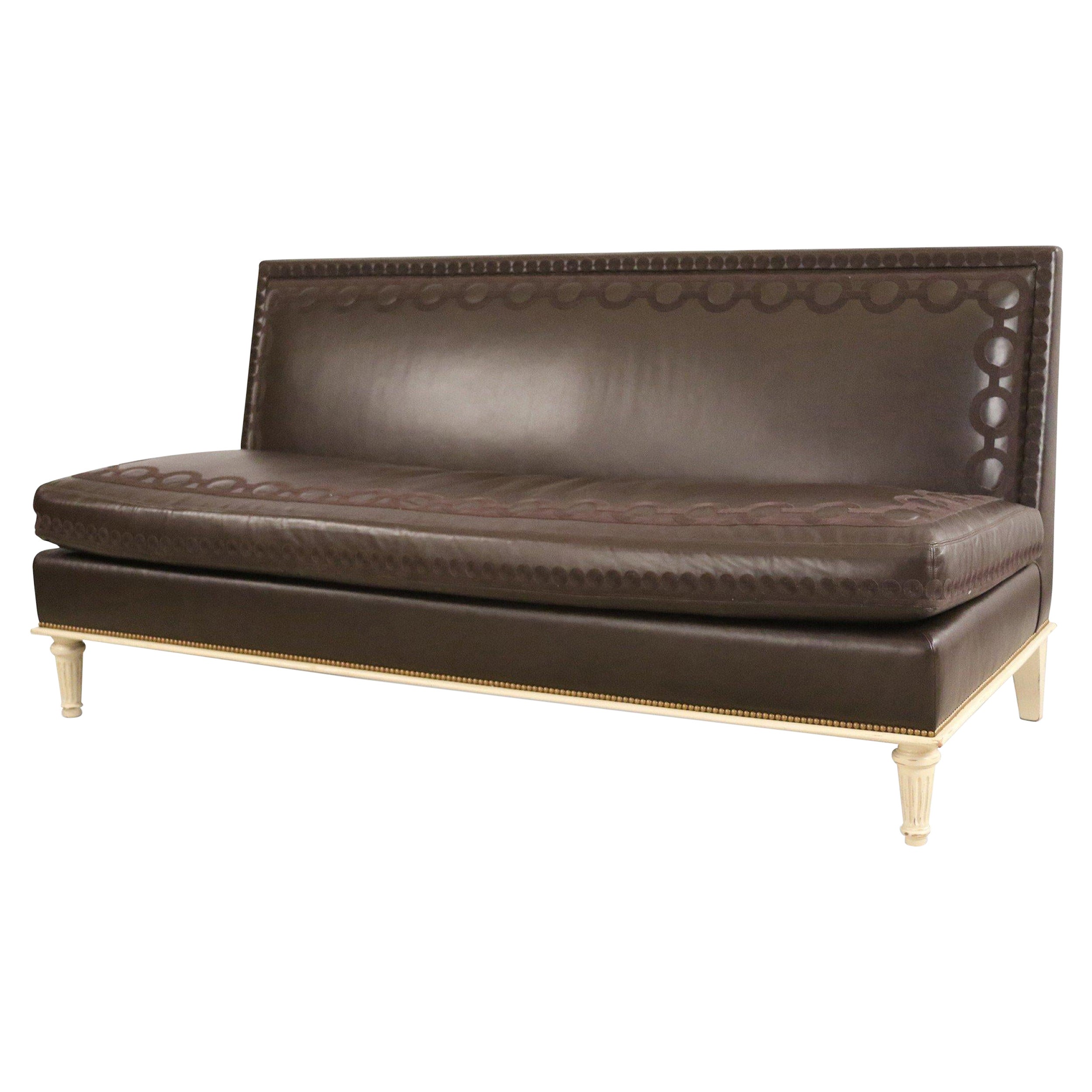 Contemporary Embroidered Brown Leather and Painted Wood Sofa For Sale