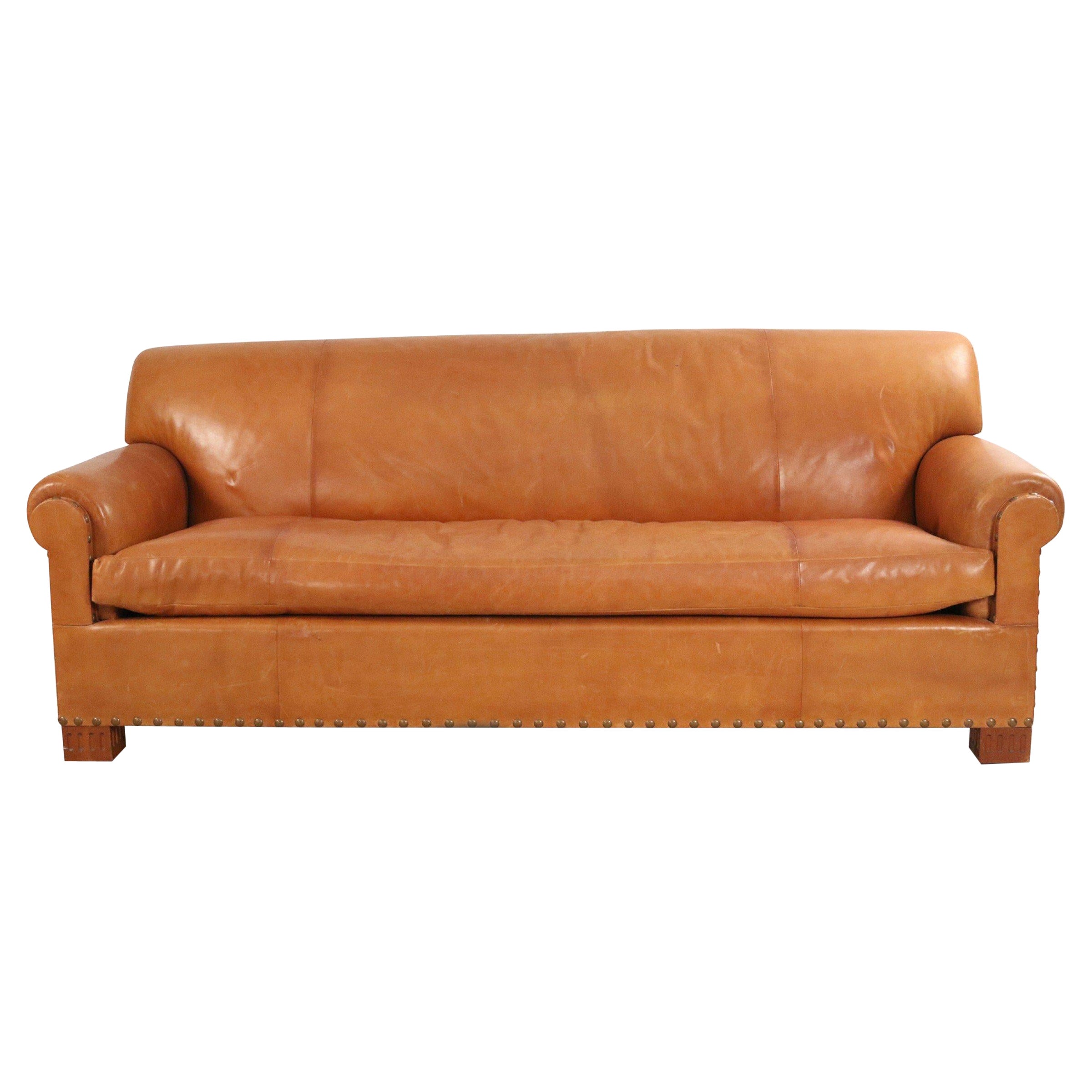 Contemporary Caramel Brown Leather 3-Seat Sofa