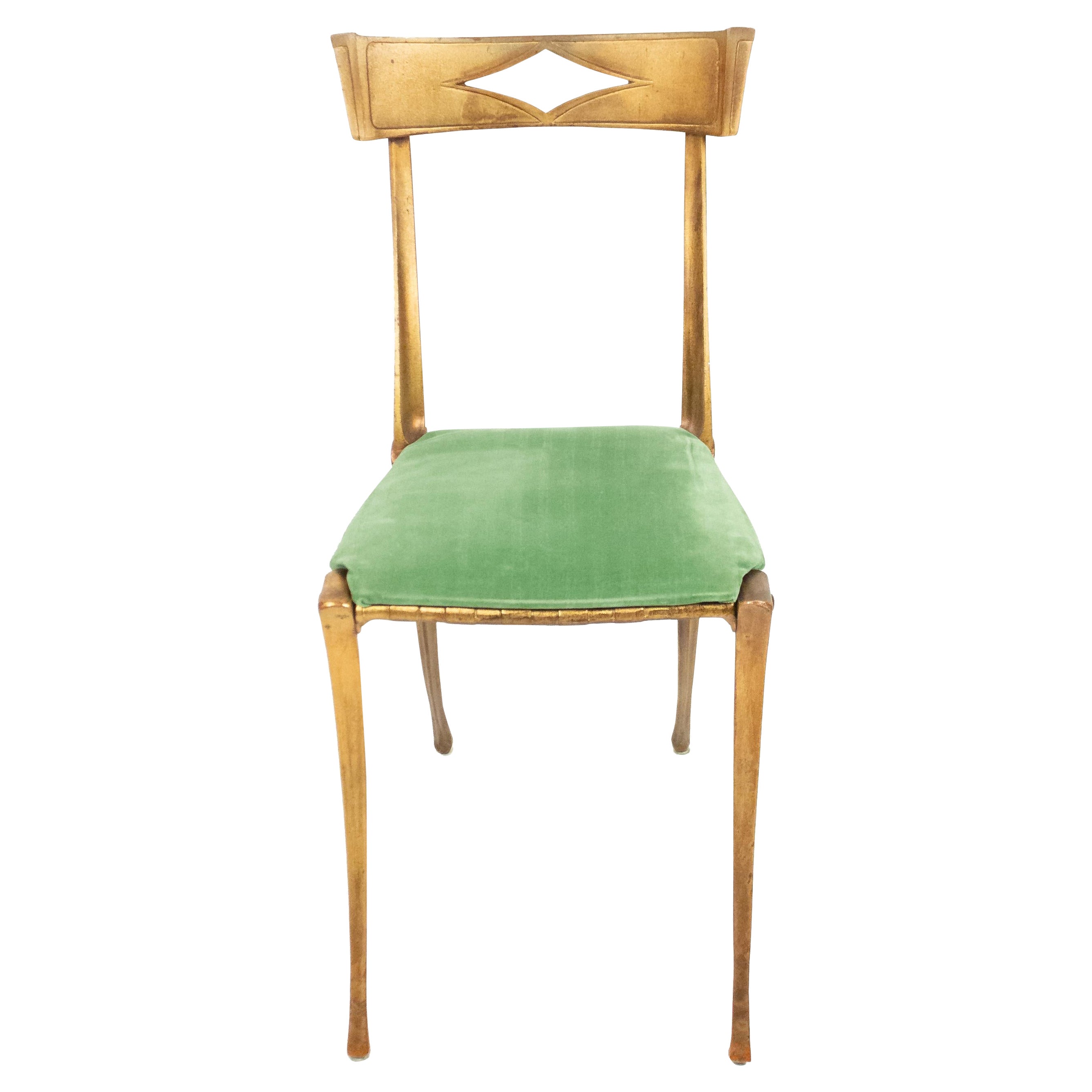Vergoldeter Beistellstuhl aus Metall mit grüner Samtpolsterung