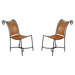 Pair of Mid-Century Wrought Iron and Leather Side Chairs