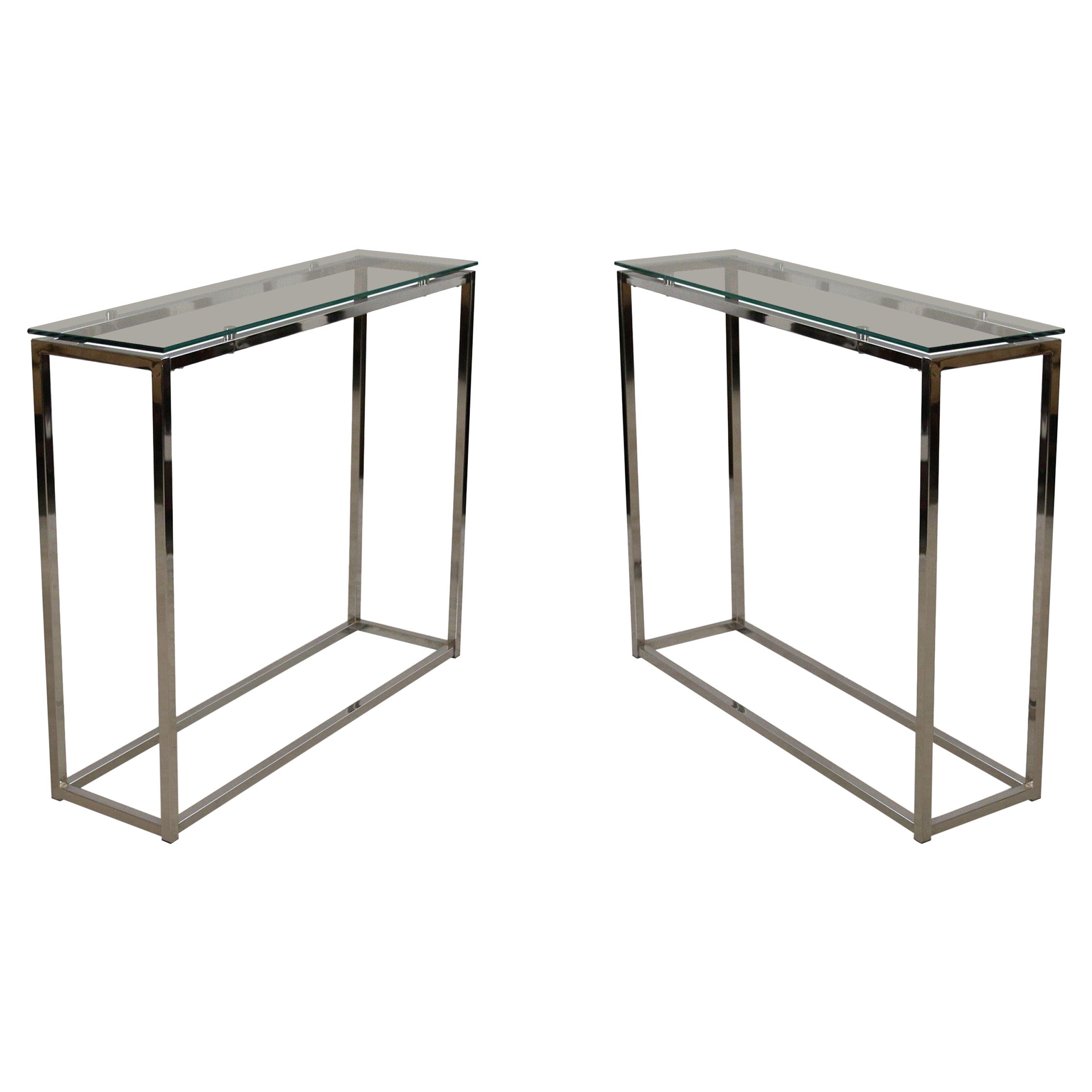 Pair of Contemporary Silver Metal and Glass Narrow Console Tables