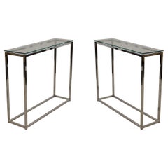 Pair of Contemporary Silver Metal and Glass Narrow Console Tables