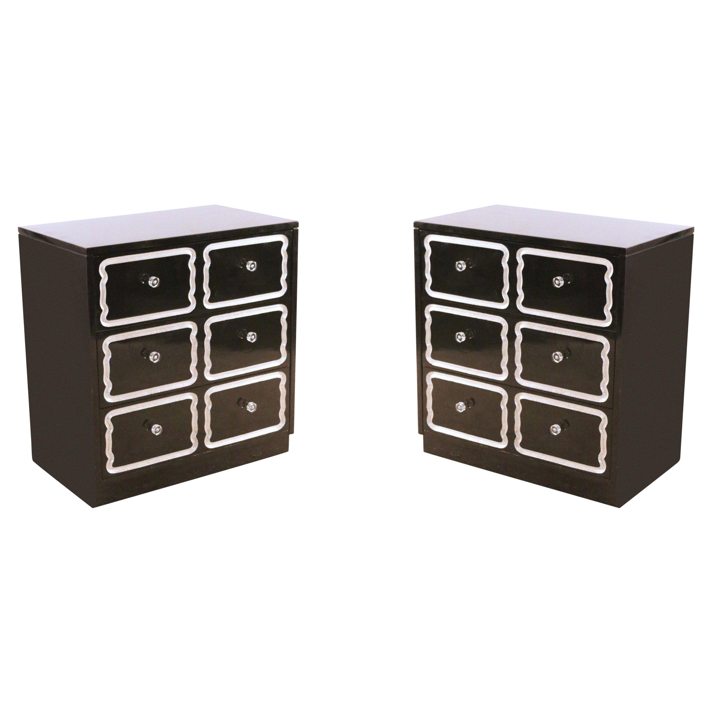 Pair of Mid-Century Black Lacquer and Lucite Small Chests of Drawers For Sale