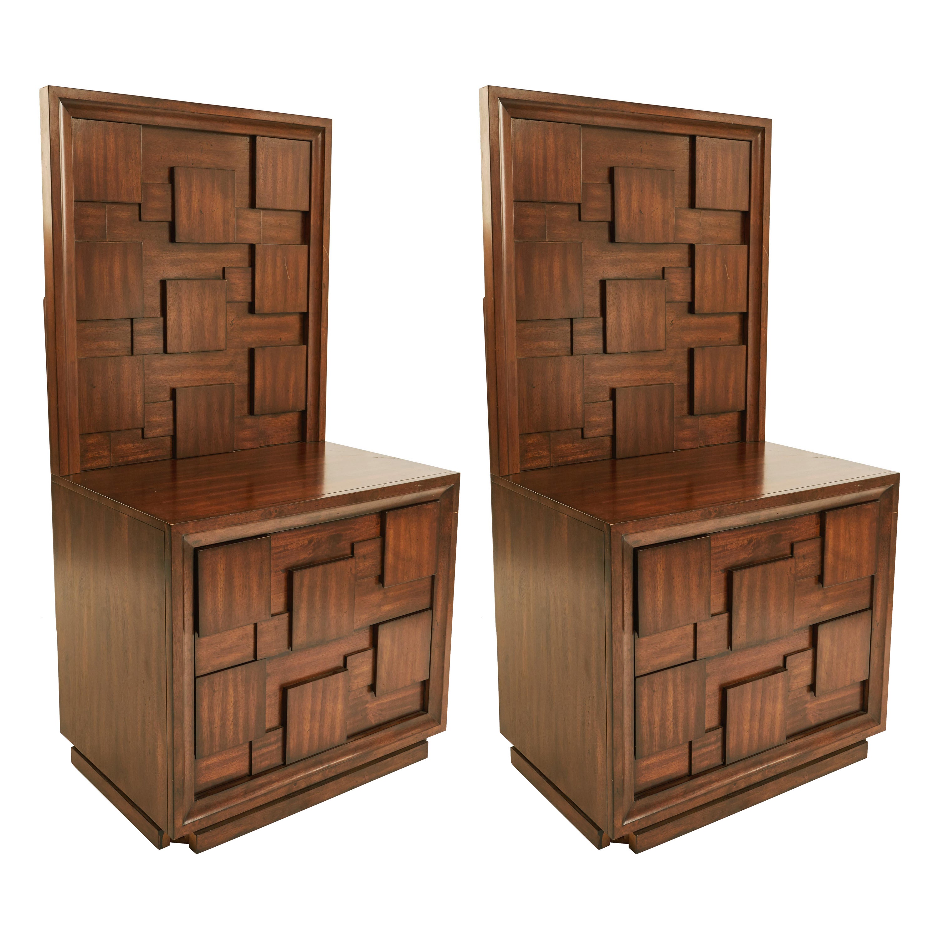 Pair of Brutalist Mahogany Two Drawer Bedside Tables For Sale