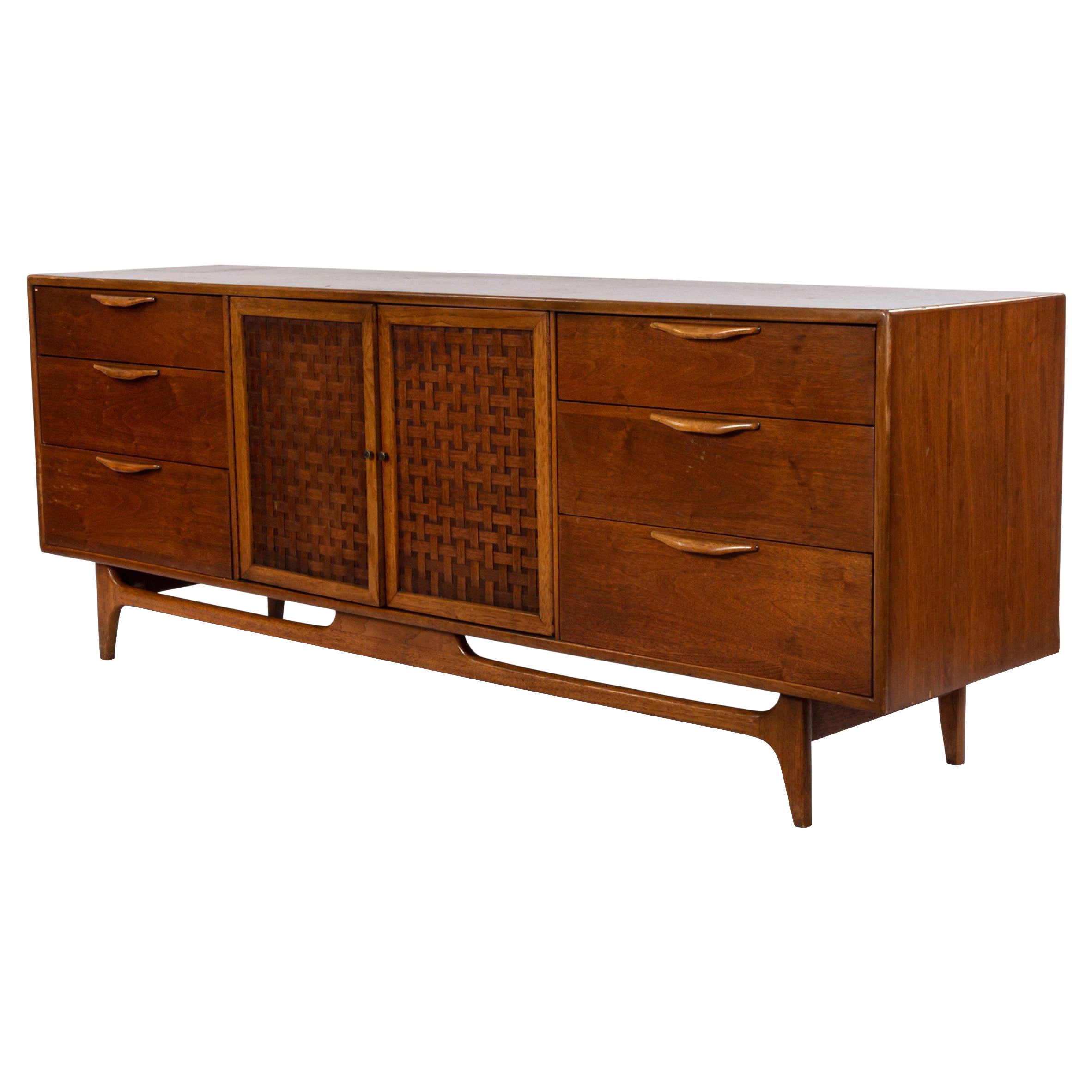 Lane Mid-Century Walnut Credenza with Woven Door Panels For Sale