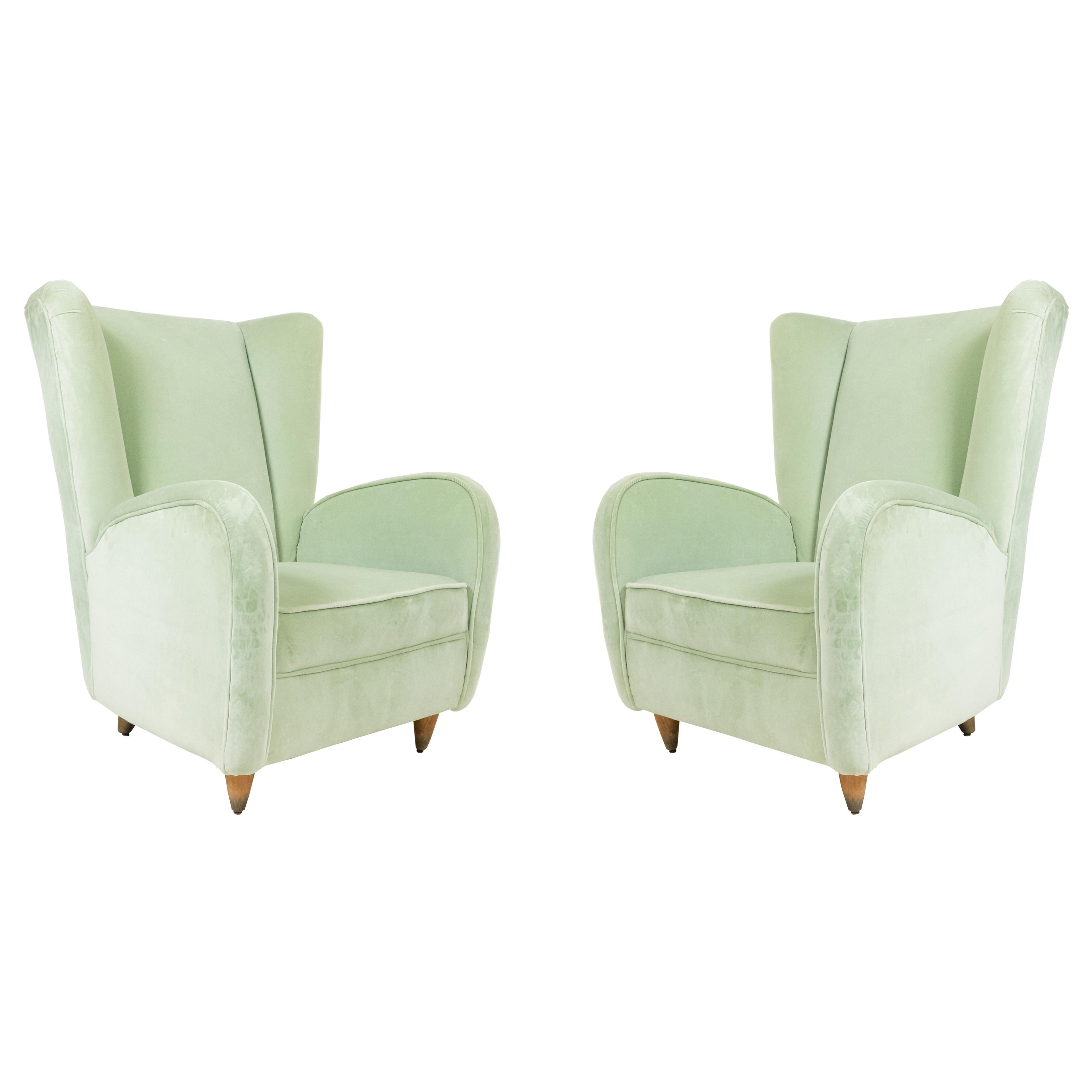 Pair of Paolo Buffa Modernist Wingback Mint Green Velvet Armchairs For Sale